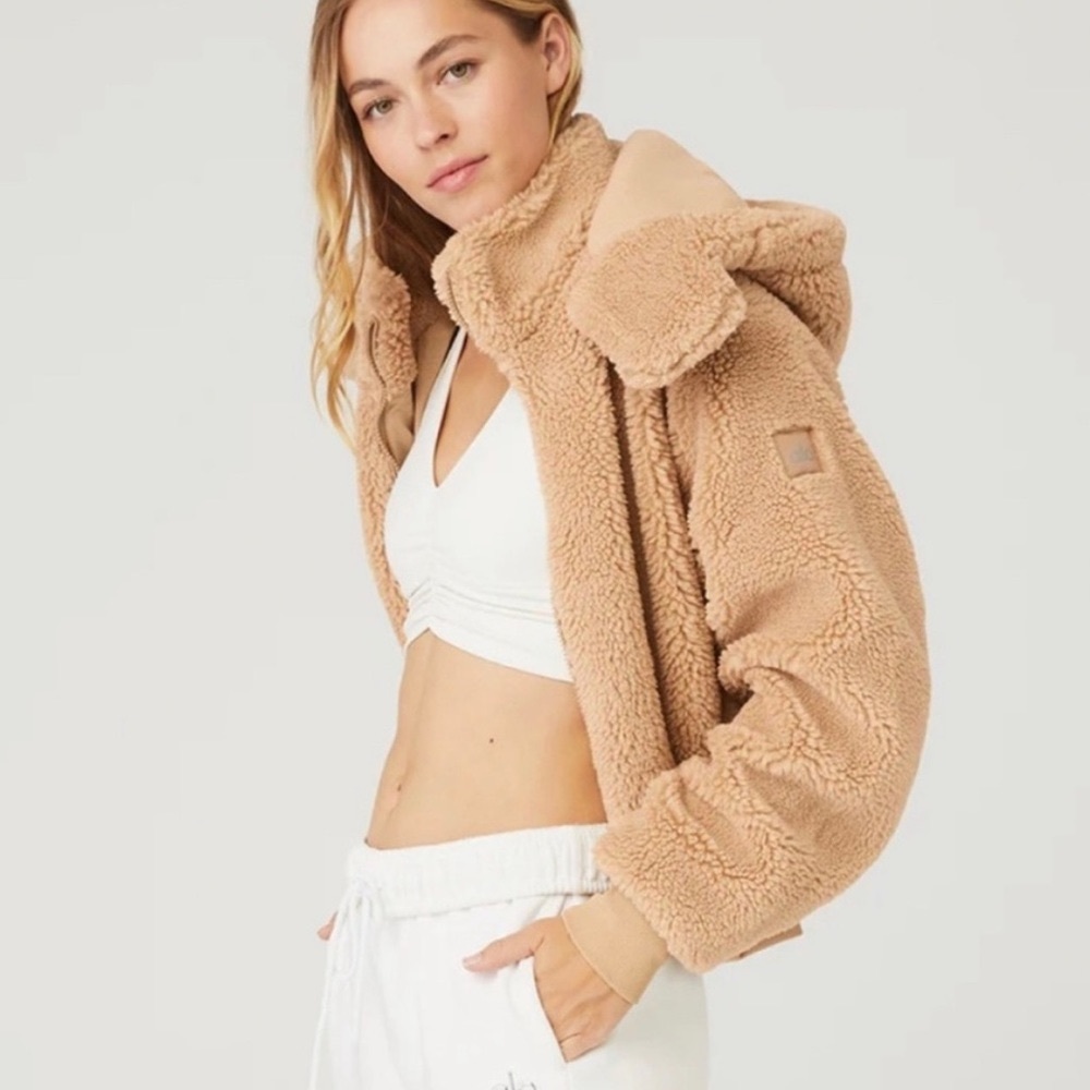 Alo Yoga Foxy Sherpa Teddy Jacket Removable Hood Camel Size Small EUC